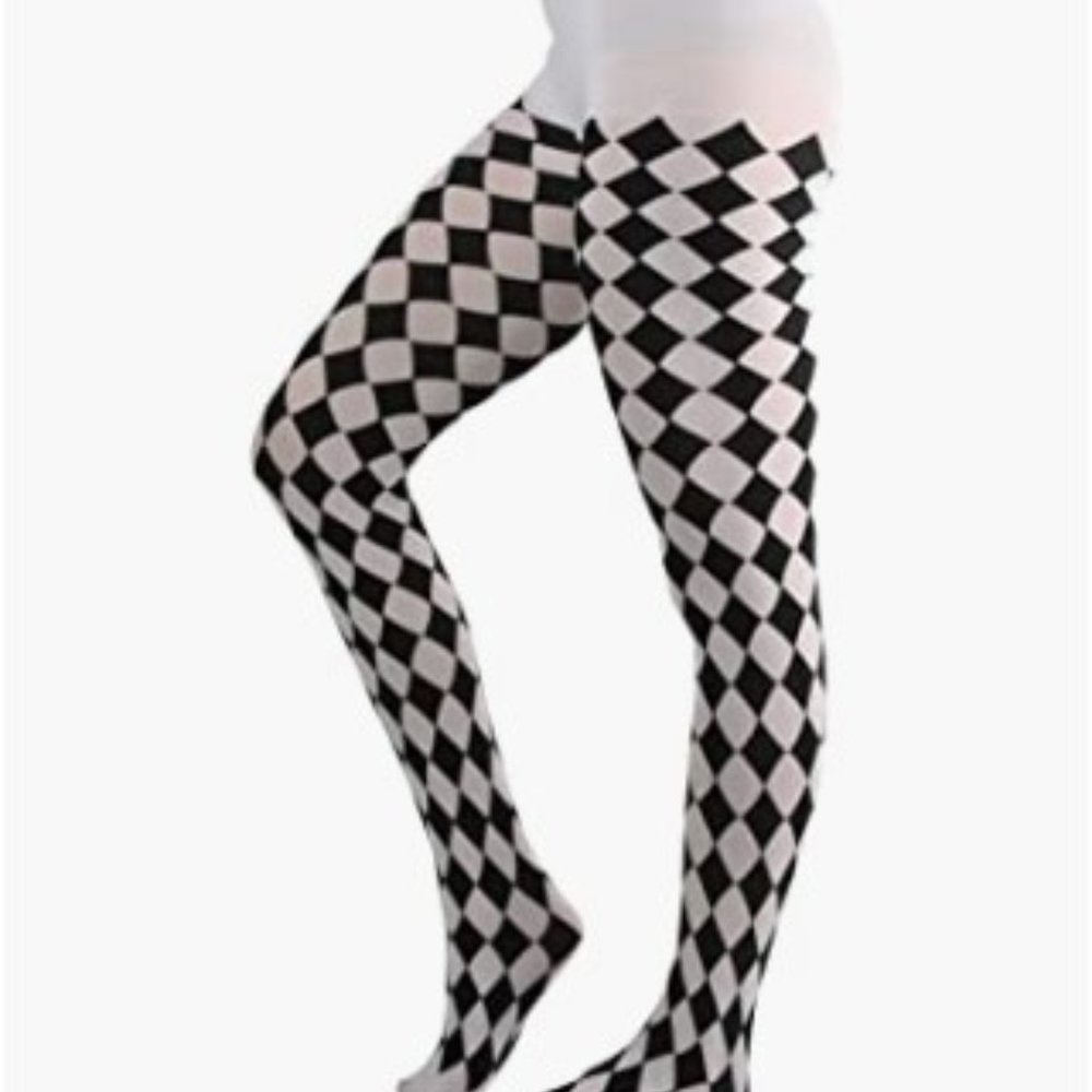 Black White Checkered Harlequinn Tights Opaque Full Footed Pantyhose - Picture 3 of 6
